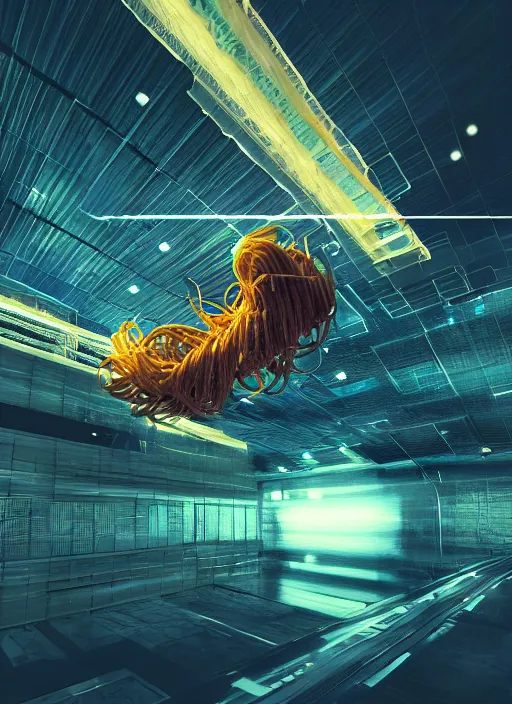 Image similar to cinematic shot epic floating spaghetti, hyper realistic, mood lighting, fantasy, detailed space station, highly detailed, super realistic, perfect lighting pixel sorting, style sheet