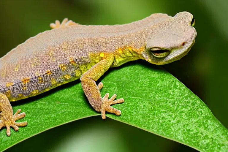 Image similar to a gecko hanging from a leaf