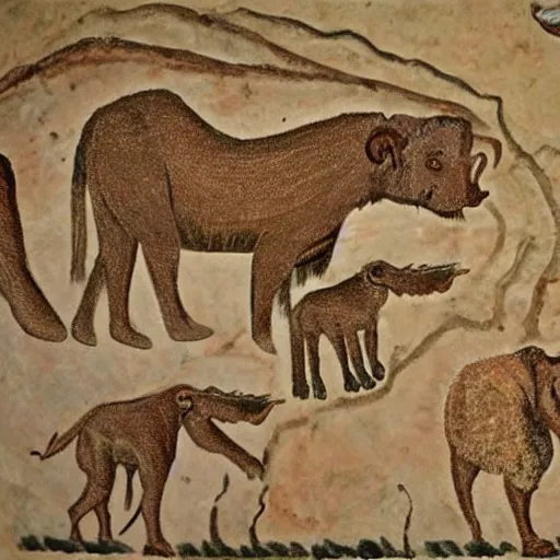 Prompt: Very detailed ancient cave paintings of the african mega fauna