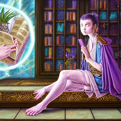 Prompt: a detailed fantasy pastel painting of a young wizard in ornate clothing lounging on a purpur pillow on the marble floor in front of her bookcase, studying an ancient tome. to the side is a potted plant and some blue candles. ancient oriental retrofuturistic setting. 4 k key art in the style yoshitaka amano. anatomically correct