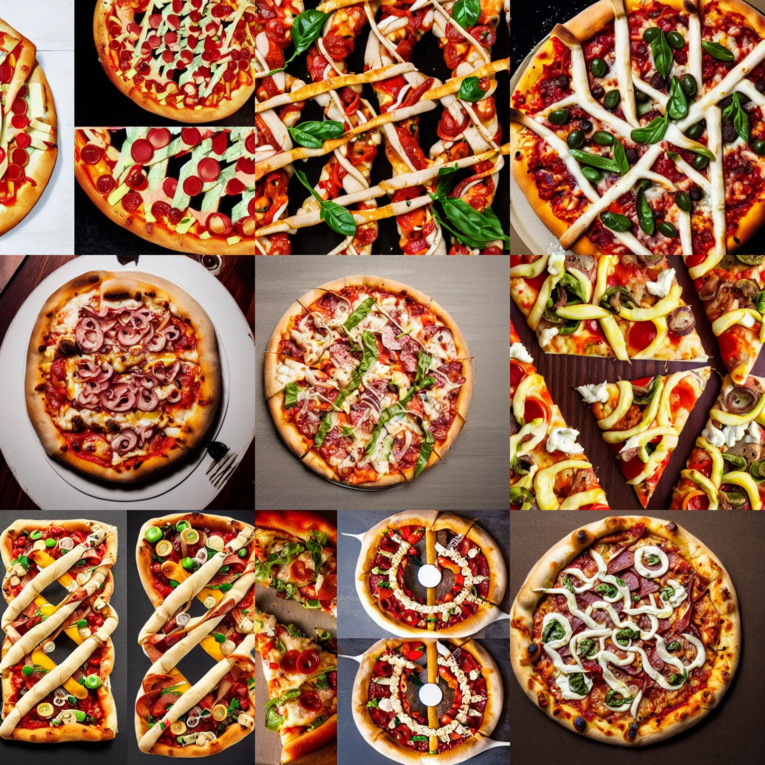 Prompt: a double helix made of pizza, professional food photography