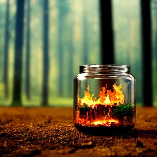 Prompt: glass jar with a forest inside, forest fire, bokeh, dark background, dramatic lighting, hyperrealistic, volumentric lighting, highly detailed, reflections, refractions