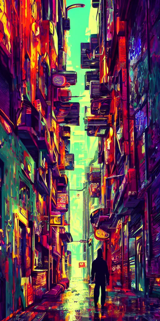 Prompt: cyberpunk alley with a person in the background, pop art, rtx, 8 k, ray tracing, highly detailed, cold colors, rain,