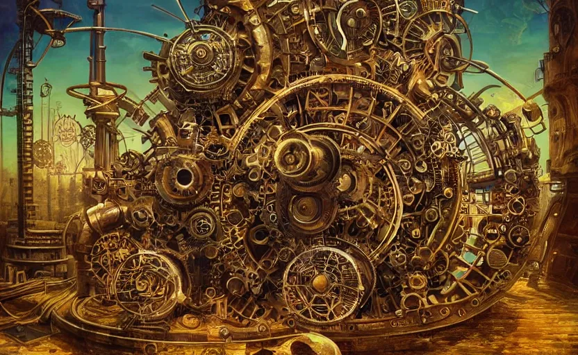 Image similar to “a psychedelic steampunk music machine made of intricate gears and industrial machine parts, by Vladimir kush , by Roger dean, By syd mead, by josip csoor, 8k resolution, realistic shadows, 3D, rendered in octane, volumetric lighting, hyper detailed, photorealistic, psychedelic”