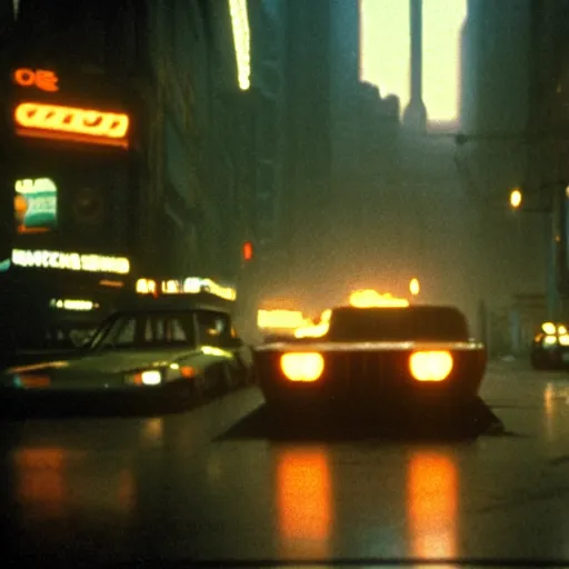 Image similar to muscle car in crowded cityscape, blade runner (1982), shallow depth of field medium shot, award winning, gritty, god rays