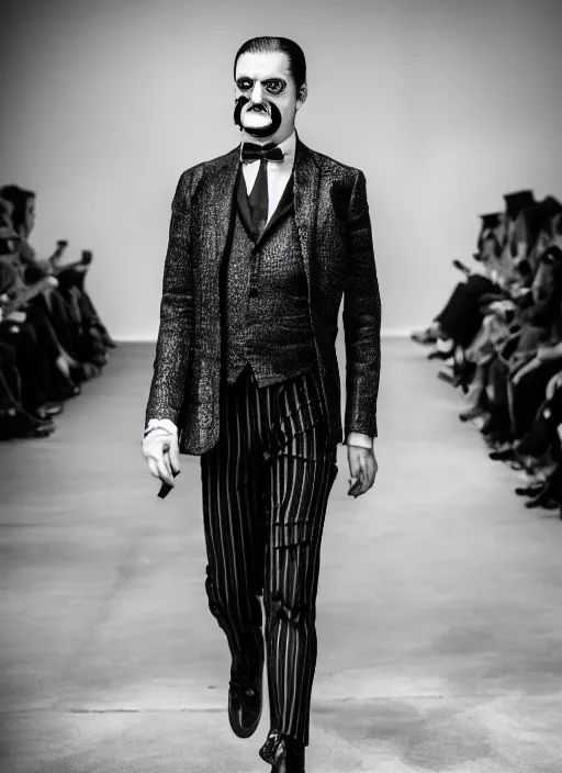 Prompt: hyperrealistic and heavy detailed yves saint laurent runway show of gomez addams, leica sl 2 5 0 mm, vivid color, high quality, high textured, real life, noise film photo