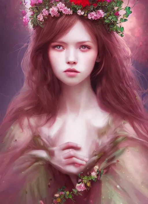 Image similar to a gorgeous flower princess portrait by WLOP, big emerald eyes, red hair, digital painting, beautiful lighting, mystical, detailed flowers, cgsociety