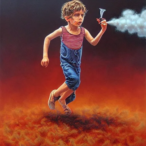 Image similar to a running child turning into vapor, mist, smoke, blood, scissors in hand, a detailed matter painting by Jason Edmiston