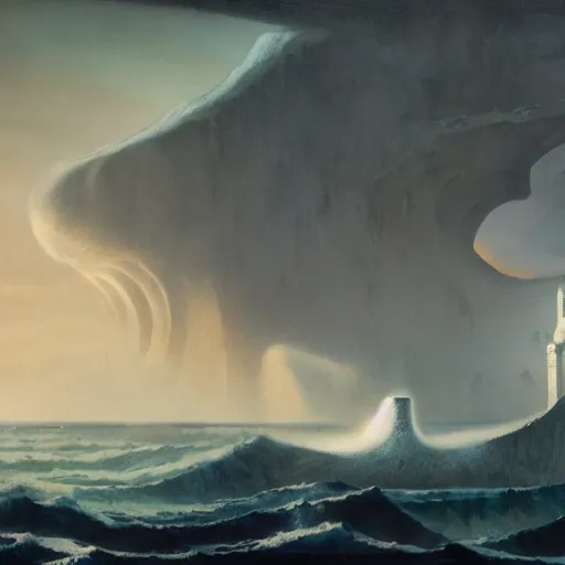 Image similar to atlantis rising, torrent, maelstrom, dante, chiseled formations, atmospheric, ambient, livia prima, greg rutkowski, edward hopper, pj crook