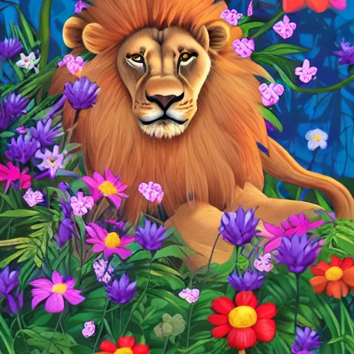 Prompt: a lion in the bush with a lot of flowers around, the sky is full of clouds and there are butterflies everywhere, pokemon style