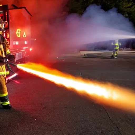 Image similar to photo of a firefighter using a flamethrower projecting a long flame