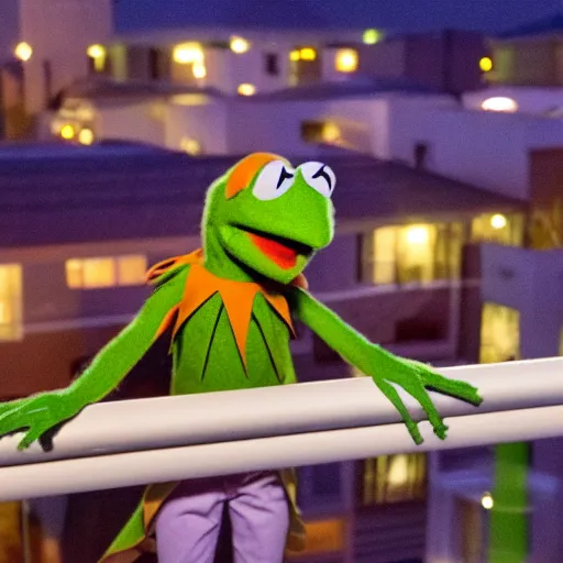 Image similar to kermit from the balcony at night