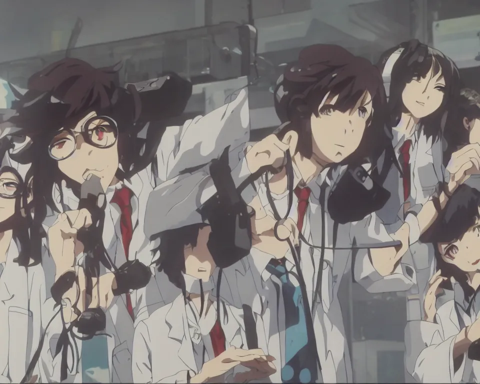 Image similar to anime still of reckless!!! whimsical! trippy scientists in a lab inventing, presentation, scattered tables overloaded with doomsday devices and beakers and test tubes, by makoto shinkai yoshinari yoh ilya kuvshinov