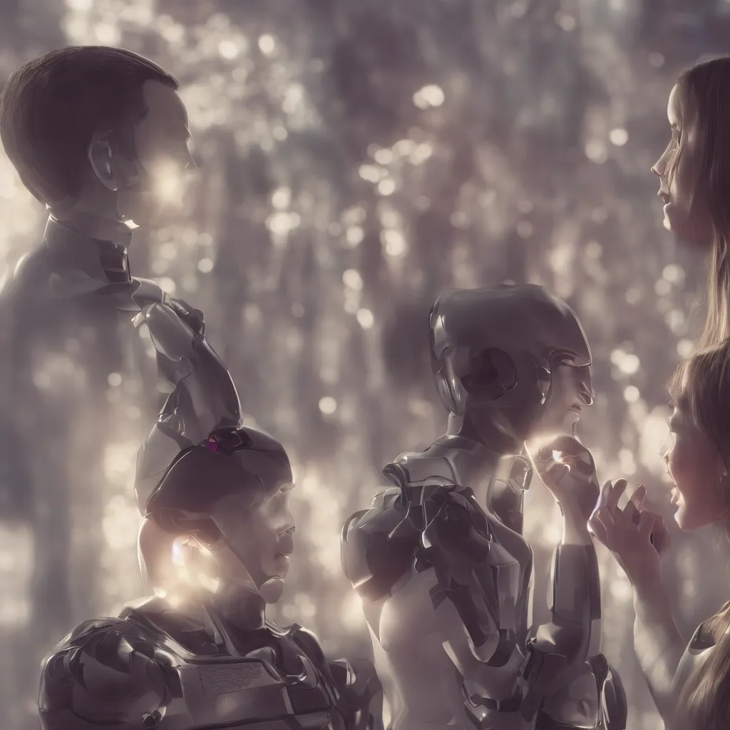 Prompt: male android proposing to female android, photo realistic image, 4K, super detailed, cinematic look
