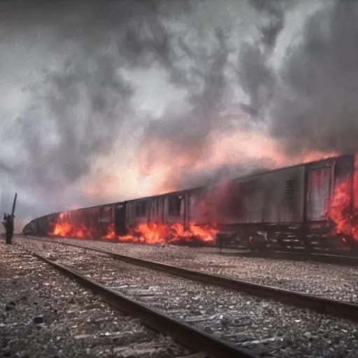 Prompt: trainwreck, boxcar on fire, atmospheric smoke and fog, post-apocalyptic, Cinematic, high detail