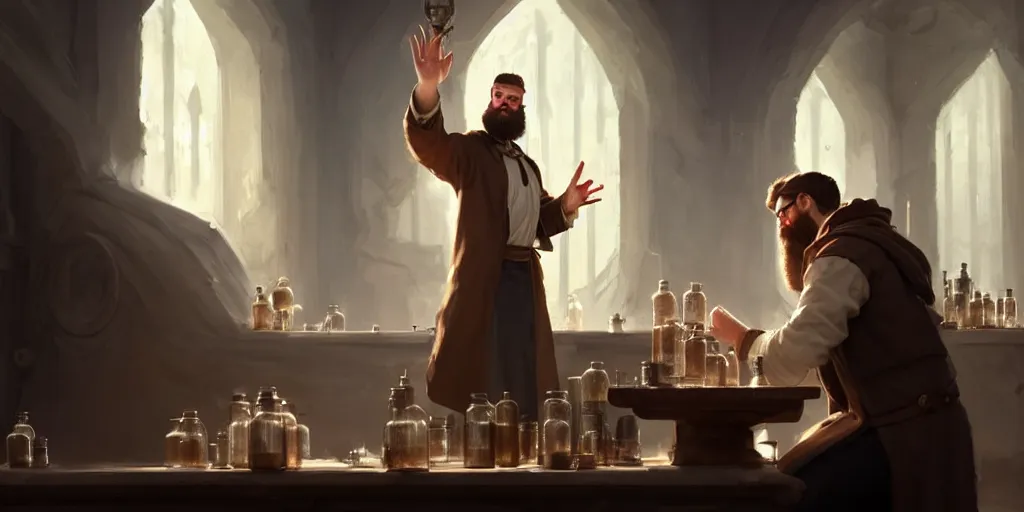 Image similar to a handsome bearded white male mage with brown hair he is casting a spell emanating from his hands, he is in a alchemist workshop filled with beakers and equipment, closed hands, sharp focus, waist up, trending on artstation, by greg rutkowski
