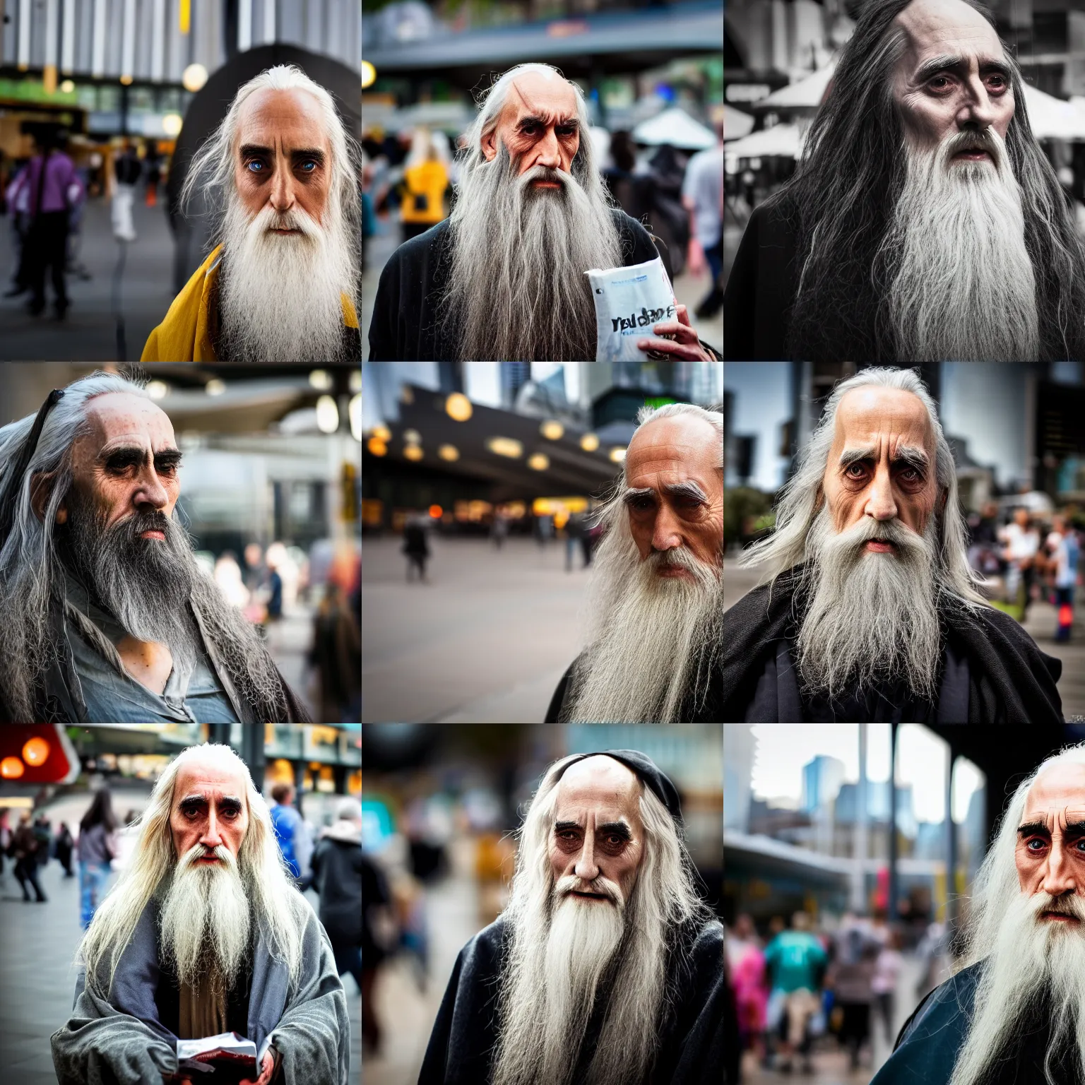 Prompt: Saruman from Lord of the Rings the homeless wizard selling magazines at Federation Square in Melbourne, portrait photography, depth of field, bokeh