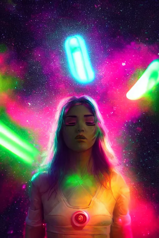 Image similar to astronaut rave girl, glowsticks, LSD, dramatic lighting, cinematic, establishing shot, extremely high detail, foto realistic, cinematic lighting, post processed, concept art, high details, cinematic, 8k resolution, beautiful detailed, photorealistic, digital painting, artstation, concept art, smooth, sharp focus, artstation trending, octane render, unreal engine