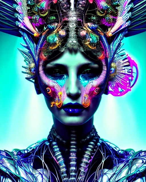 Prompt: detailed portrait of a beautiful goddess in a cyber headdress, neon cyberpunk make - up, art by android jones, ernst haeckel, nekro borja, alphonso mucha, h. r. giger, gothic - cyberpunk,