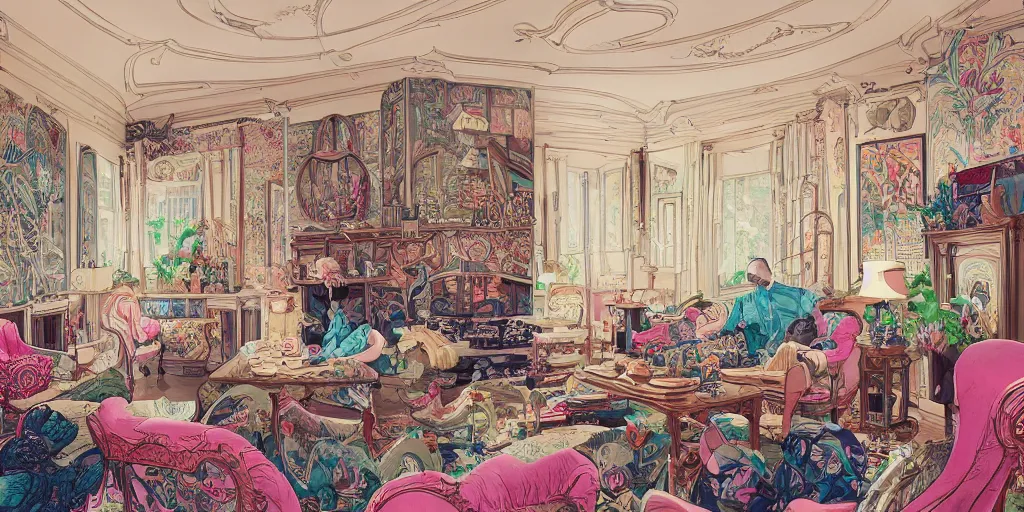 Prompt: a beatiful living room in an old victorian house, extremely detailed, sharp focus, wide view, smooth, digital illustration, colorfull by, james jean, by rossdraws, frank franzzeta, sakimichan, mcbess, by edmund dulac