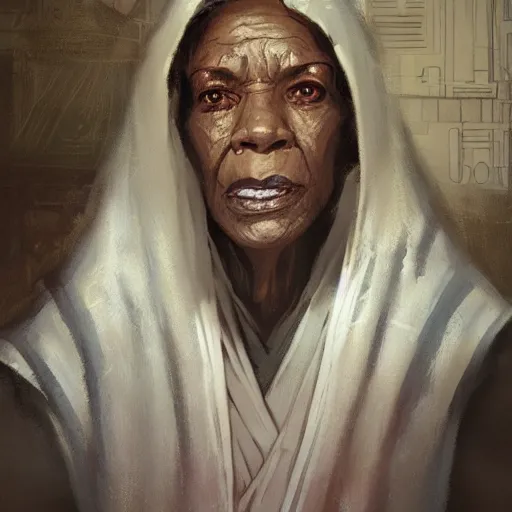 Image similar to portrait of a woman by greg rutkowski, old jedi master, afroamerican, wise, star wars expanded universe, she is about 7 0 years old, wearing jedi robes.