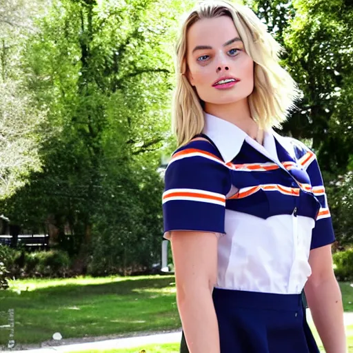 Image similar to margot robbie in a schoolgirl outfit, photorealistic