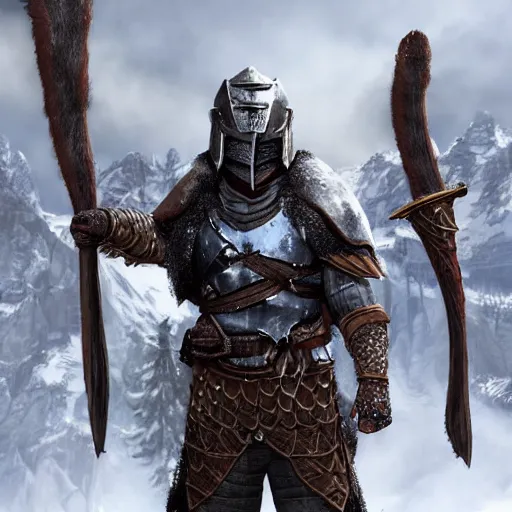 Image similar to hyper realistic photography of a skyrim medieval warrior wearing a heavy steel armor portrait