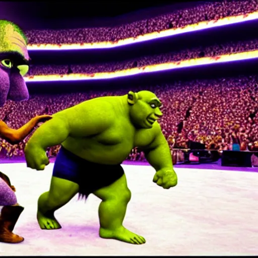 Image similar to shrek vs andre the giant at wrestlemania 8, dramatic lighting, 8k