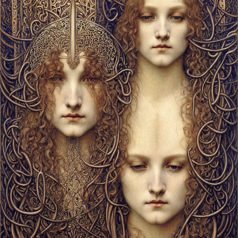 Image similar to detailed realistic beautiful young medieval queen face portrait by jean delville, gustave dore and marco mazzoni, art nouveau, symbolist, visionary, gothic, pre - raphaelite. horizontal symmetry