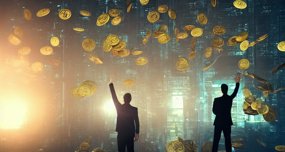 Prompt: Dramatic photo of a CEO waving goodbye to silhouettes of his coworkers in a futuristic office. Golden coins are levitating all around them. 8k, high detail, trending on Artstation, volumetric lighting, cyberpunk