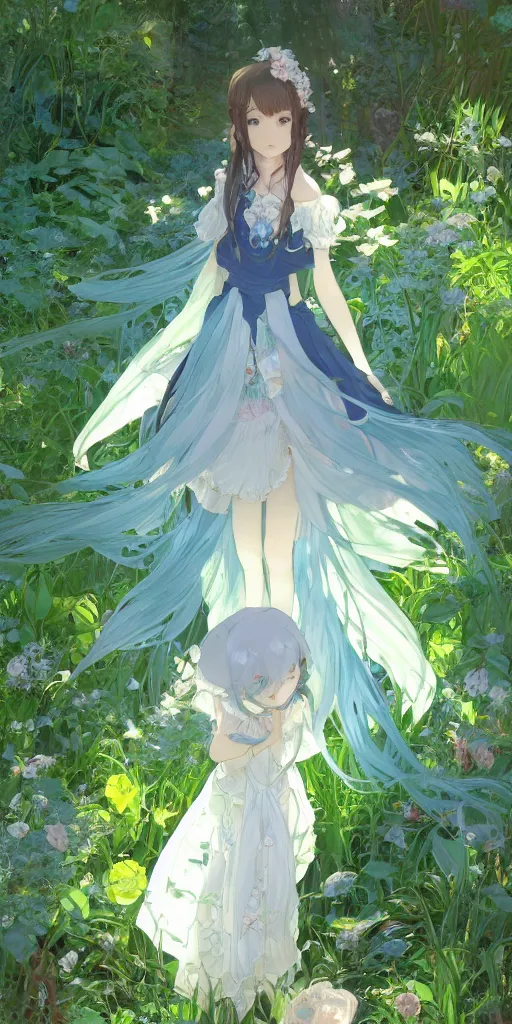 Image similar to a digital art of a loli with long hair in a dress in the privet garden at after noon, green and warm theme, blue accents, by krenz cushart and mucha and akihito yoshida and greg rutkowski and makoto shinkai, low angle, long shot, back lighting, detailed eyes, 4 k resolution, trending on art station