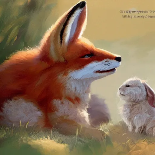 Prompt: a smiling fox with a rabbit sitting on his head, silly, furaffinity furry, by stanley lau, gregory manchess, and greg rutkowski ; whimsical, rabbit sitting on fox