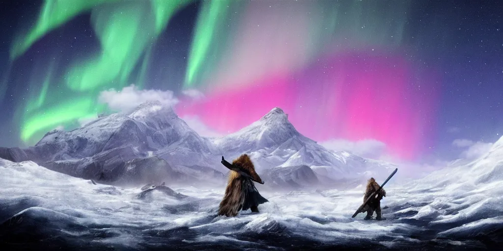 Prompt: northern lights under a dark but star-spangled sky, galaxy center remotely visible, roaring ocean in front, towering snowcovered mountains in background, with a bearskin clad viking with an axe, coming ashore, vibrant colors, trending on artstation, smooth, detailed, sharp focus, realistic, masterpiece, epic, cinematic lighting, great composition, had, style of Ernest deutsch, John. Rekey, Norman Rockwell, 4k,