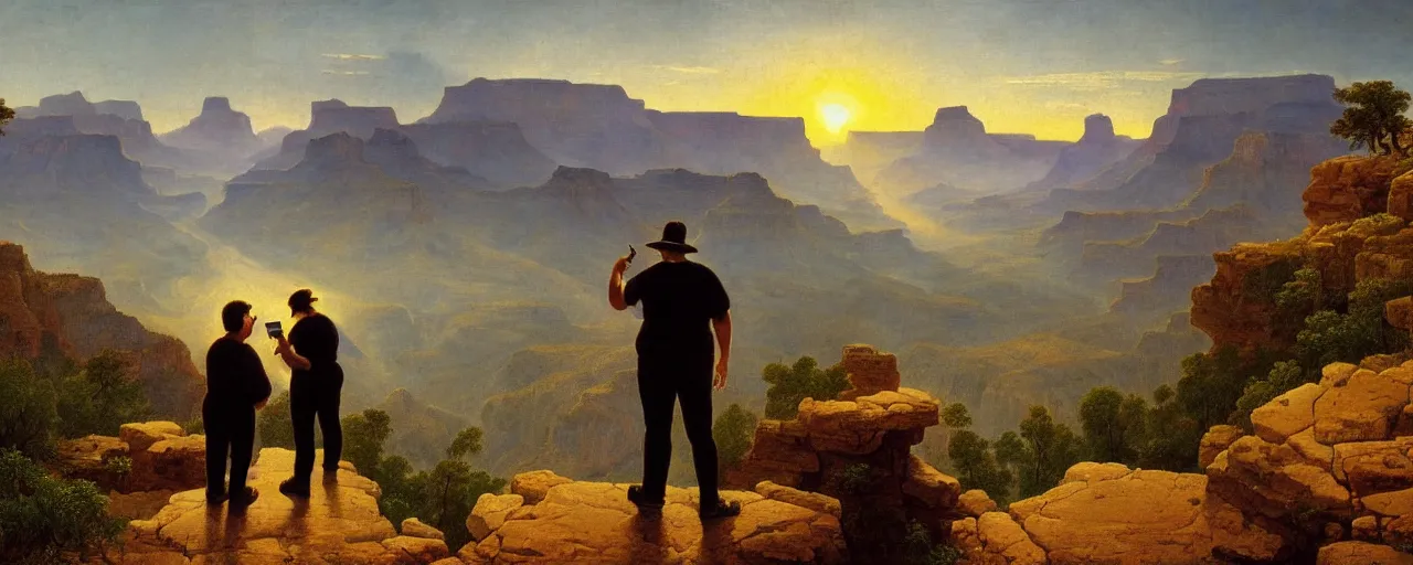 Prompt: romantic painting, wide shot of a chubby man in wearing a t - shirt and jorts ( looking at his cellphone )!!!!!! in front of a the grand canyon at sunrise, highly detailed, sublime, hyperrealistic, painted by caspar david friedrich and albert bierstadt, trending on artstation 8 k