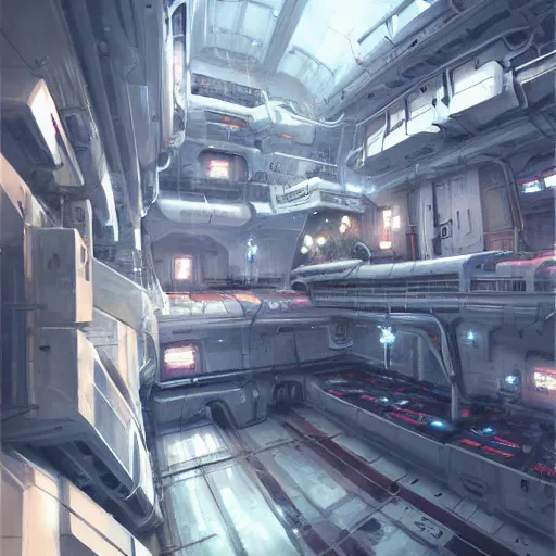 Image similar to scifi art by Greg Rutkowski, the engineering deck of the ship, with functional and utilitarian hallways, everything is in its place, claustrophobic and futuristic environment, detailed and intricate environment, high technology, highly detailed portrait, digital painting, artstation, concept art, smooth, sharp foccus ilustration, Artstation HQ.