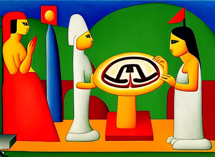 Image similar to a temple to pizza by Tarsila do Amaral