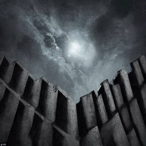 Prompt: figures in the background looking up at the giant mysterious wall that reaches up to the sky, dark atmosphere, wide - screen, cinematic