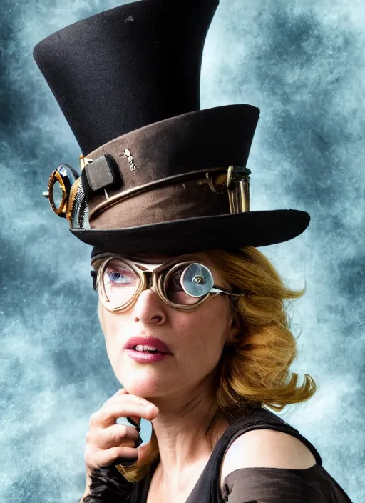 Prompt: closeup portrait of a steampunk gillian anderson wearing a top hat and goggles, depth of field, zeiss lens, detailed, symmetrical, centered, fashion photoshoot, by Annie Leibovitz and Steve McCurry, David Lazar, Jimmy Nelsson, Breathtaking, 8k resolution, extremely detailed, beautiful, establishing shot, artistic, hyperrealistic, beautiful face, octane render