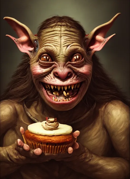 Image similar to portrait of a medieval goblin eating cakes, beautiful face, hyper realistic, highly detailed, digital painting, artstation, illustration, concept art by hyung tae and frank frazetta, digital paint, matte paint, washed colors, dark, gloomy