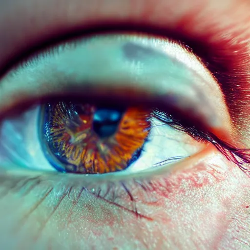 Image similar to highly realistic photo 8 k intricate deep focus of a feminine eye