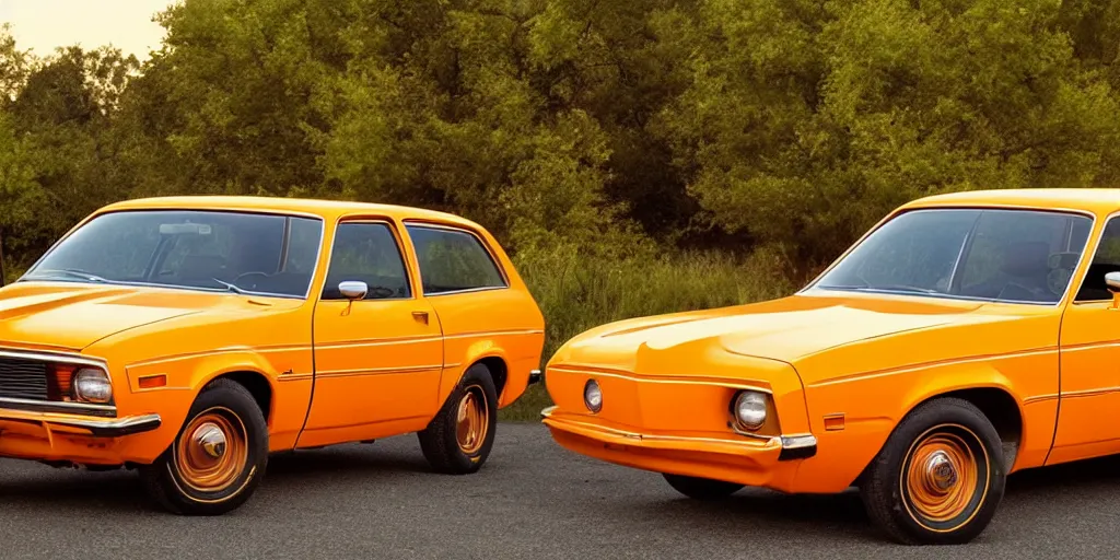 Image similar to 1 9 7 3 ford pinto stationwagon, yellow - orange color, wide - angle lens, dramatic lighting, cool marketing photo