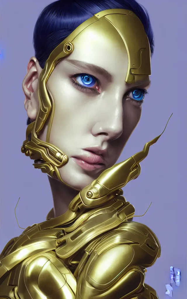 Image similar to futuristic woman android portrait, sci-fi female, striking azure eyes, face, short platinum hair tomboy, cyberpunk femme fatale, intricate, elegant lady with alabaster skin, highly detailed gold filigree, digital painting, artstation, concept art, smooth, sharp focus, illustration, studio photo by artgerm and greg rutkowski and alphonse mucha:3, overexposed, dark, gray, monochrome:-2