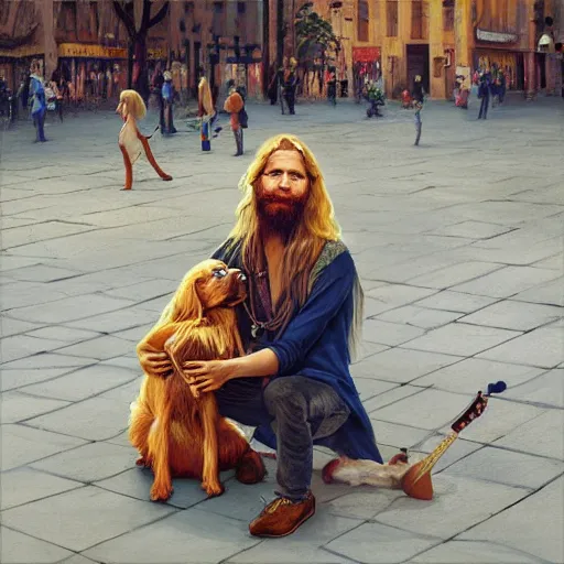 Image similar to oil painting of a young man with long hair blond and a beard hippie style with his golden retrever dog playing guitar in the square for money, people watching around, by greg rutkowski, artstation