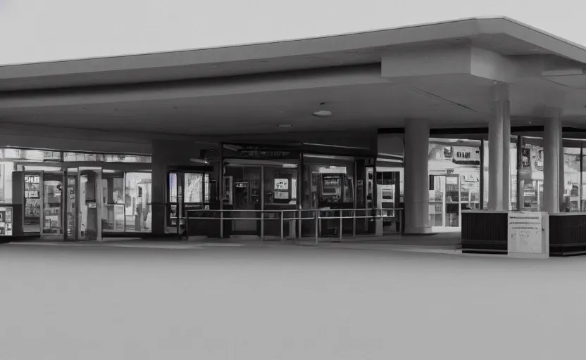Prompt: cinematic still screenshot of the port byron travel plaza, shot by saul leiter, camera height 7 feet, moody cinematography, 2 4 mm anamorphic lens