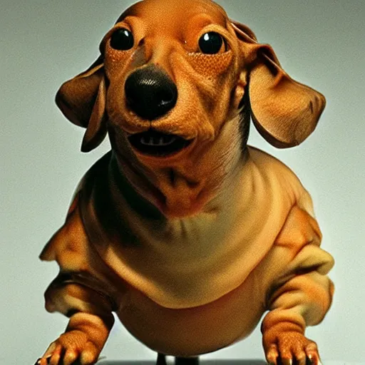 Image similar to creepy fat dachshund, practical fx horror film, body horror, cronenberg