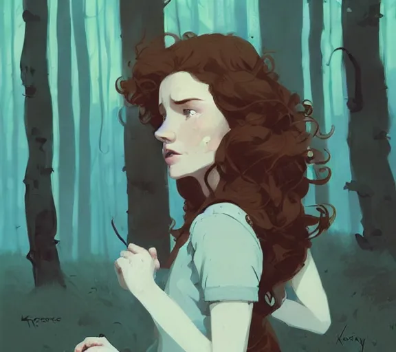 Image similar to portrait woman with long ginger curly hair in the woods, by atey ghailan, by greg rutkowski, by greg tocchini, by james gilleard, by joe fenton, by kaethe butcher, by ashley wood, dynamic lighting, gradient light blue, brown, blonde cream and white color scheme, grunge aesthetic