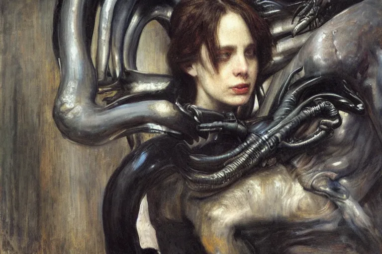 Image similar to sad portrait of a xenomorph in new york airport by sir john everett millais, photorealistic, hyperdetailed, ethereal, masterpiece, oil painting