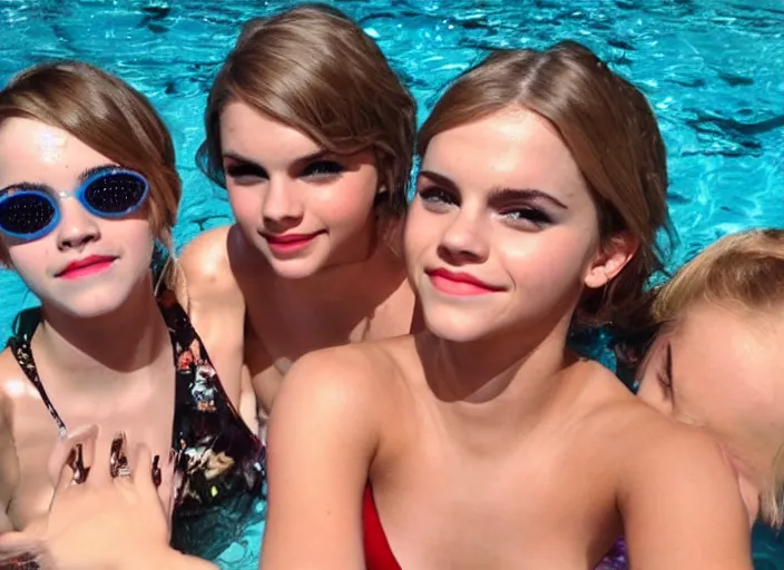 Image similar to emma watson and taylor swift and selena gomez swim together. perfect faces.