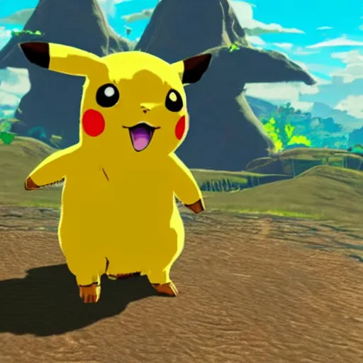 Image similar to a screencap of the legend of zelda breath of the wild, of pikachu in breath of the wild