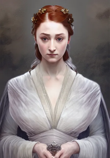 Image similar to portrait of little sansa stark, intricate, elegant, highly detailed, digital painting, artstation, concept art, smooth, sharp focus, illustration, art by artgerm and greg rutkowski and alphonse mucha and william - adolphe bouguereau